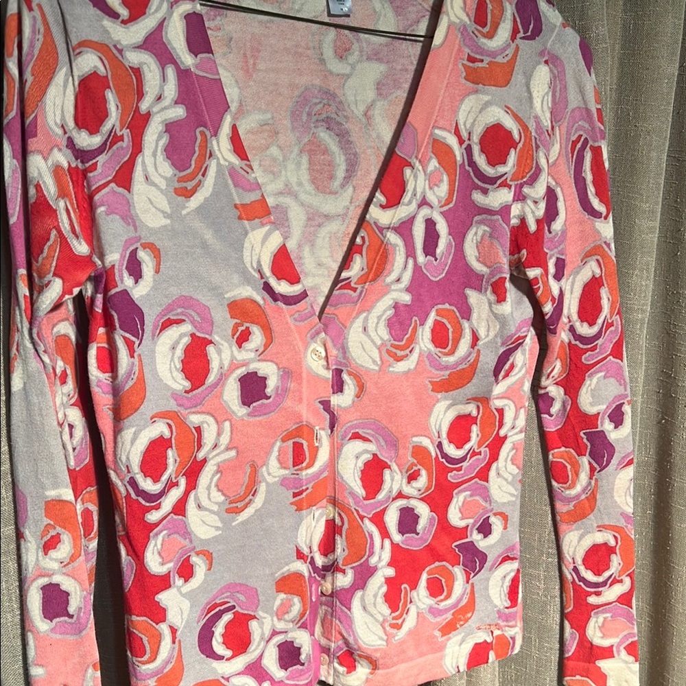 Garnet Hill Pink and Red Patterned Cardigan
